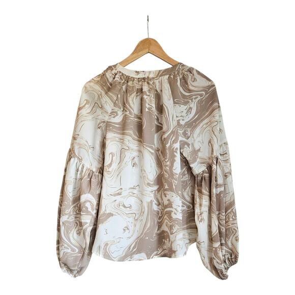 August Sky Womens SM Blouse Beige Cream Abstract Swirl Raglan Balloon Sleeves - Picture 2 of 9